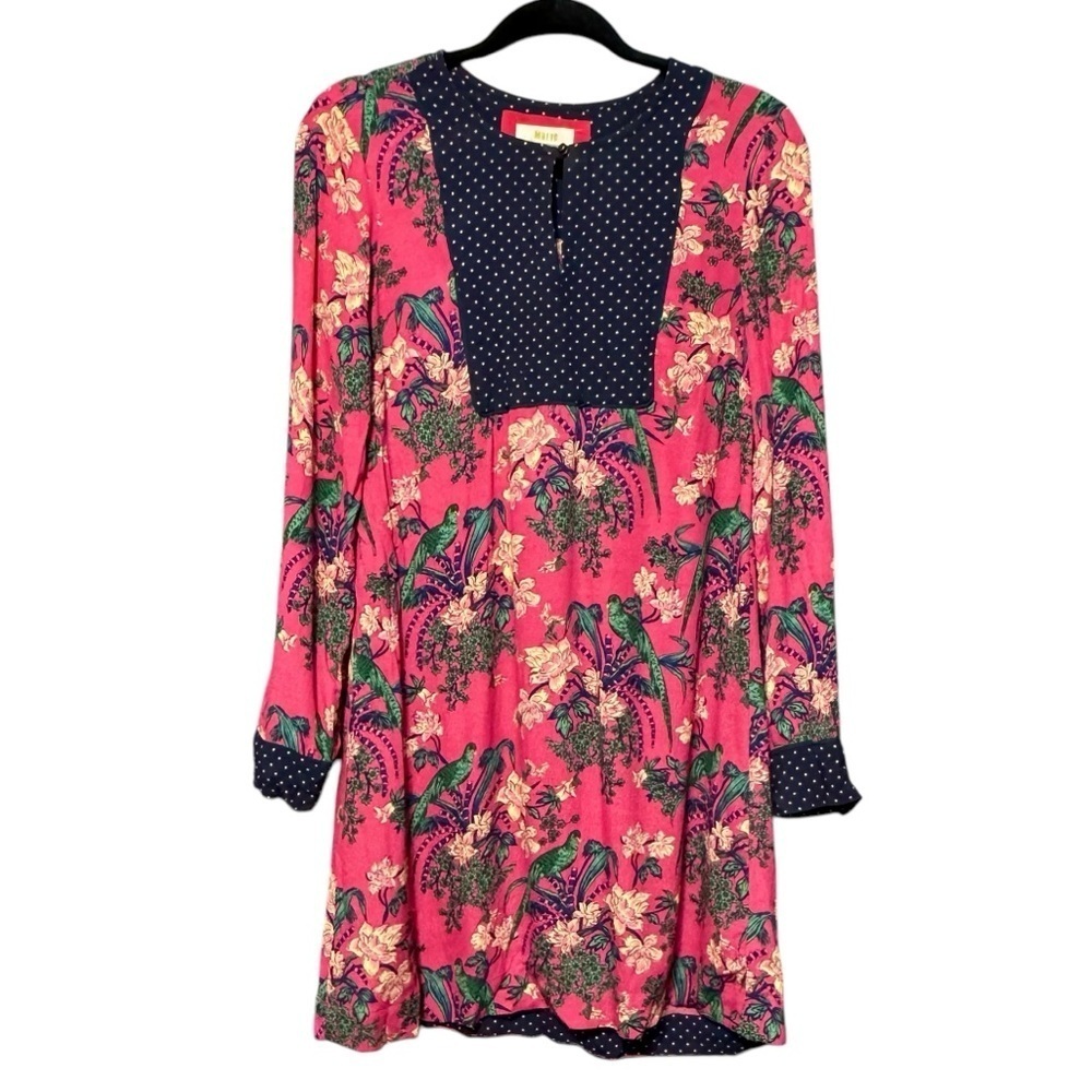MAEVE Long Sleeve Tropical Bird Floral Print Dress with Polka Dot Contast